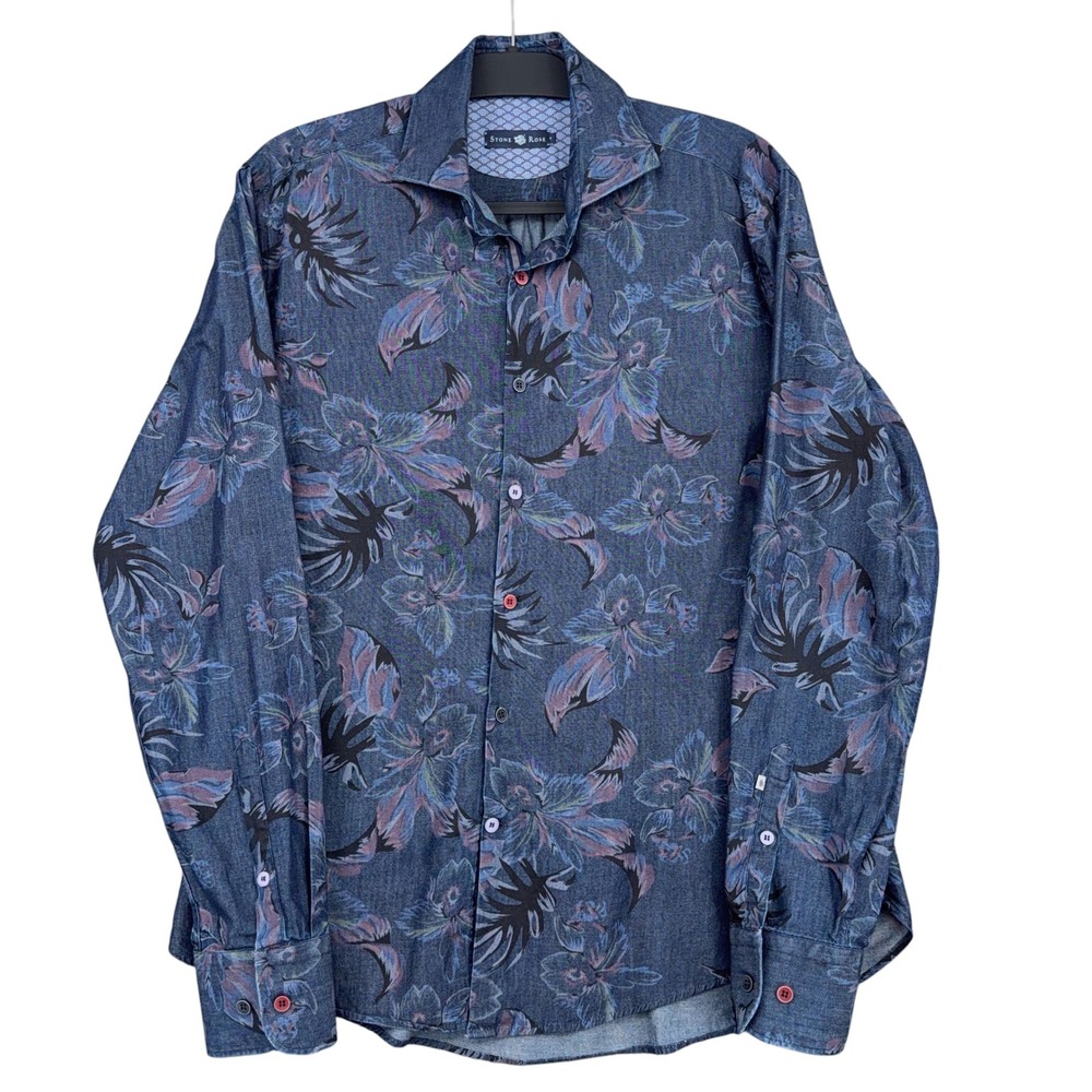 Stone Rose Floral Button Front Mens 4 Large 100% Cotton Indigo Blue